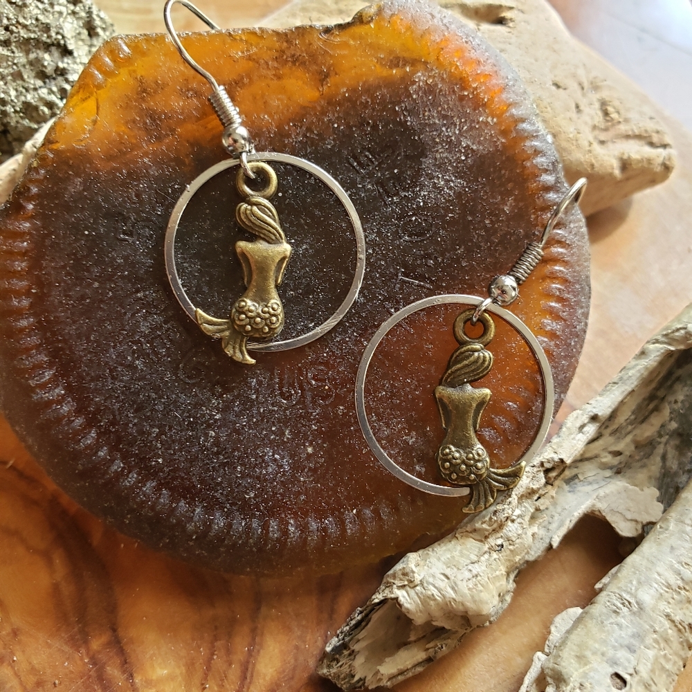 Handmade Mermaid during Full Moon Bronze Rustic Antique Look Earrings